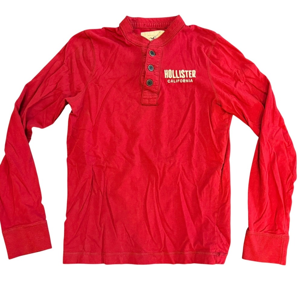 Hollister California Mens Large Red Long Sleeve Henley Embroidered Logo Shirt